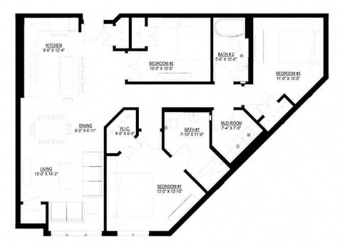 Floor plan for 3 beds, 2 baths, 1339 sqft
